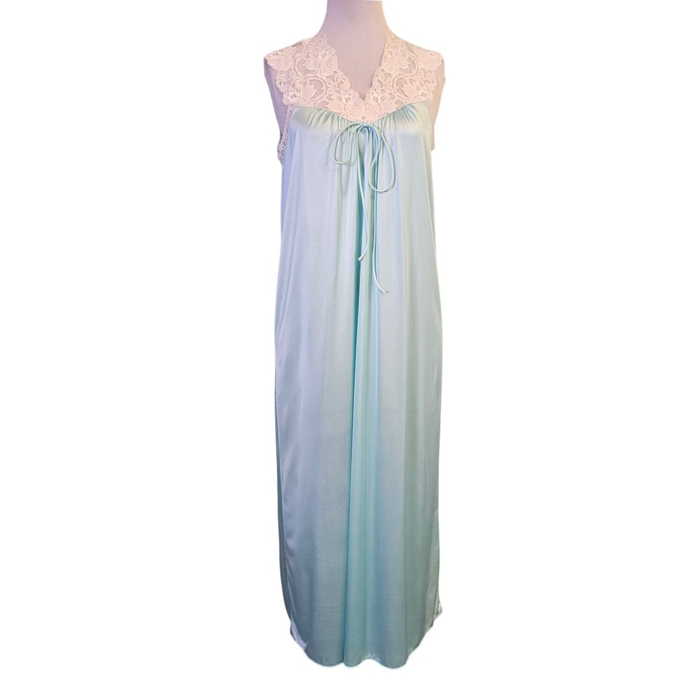 Vintage Becky Sharpe Aqua Blue Lace Nylon Nightgown Maxi Gown USA Women's‎ M